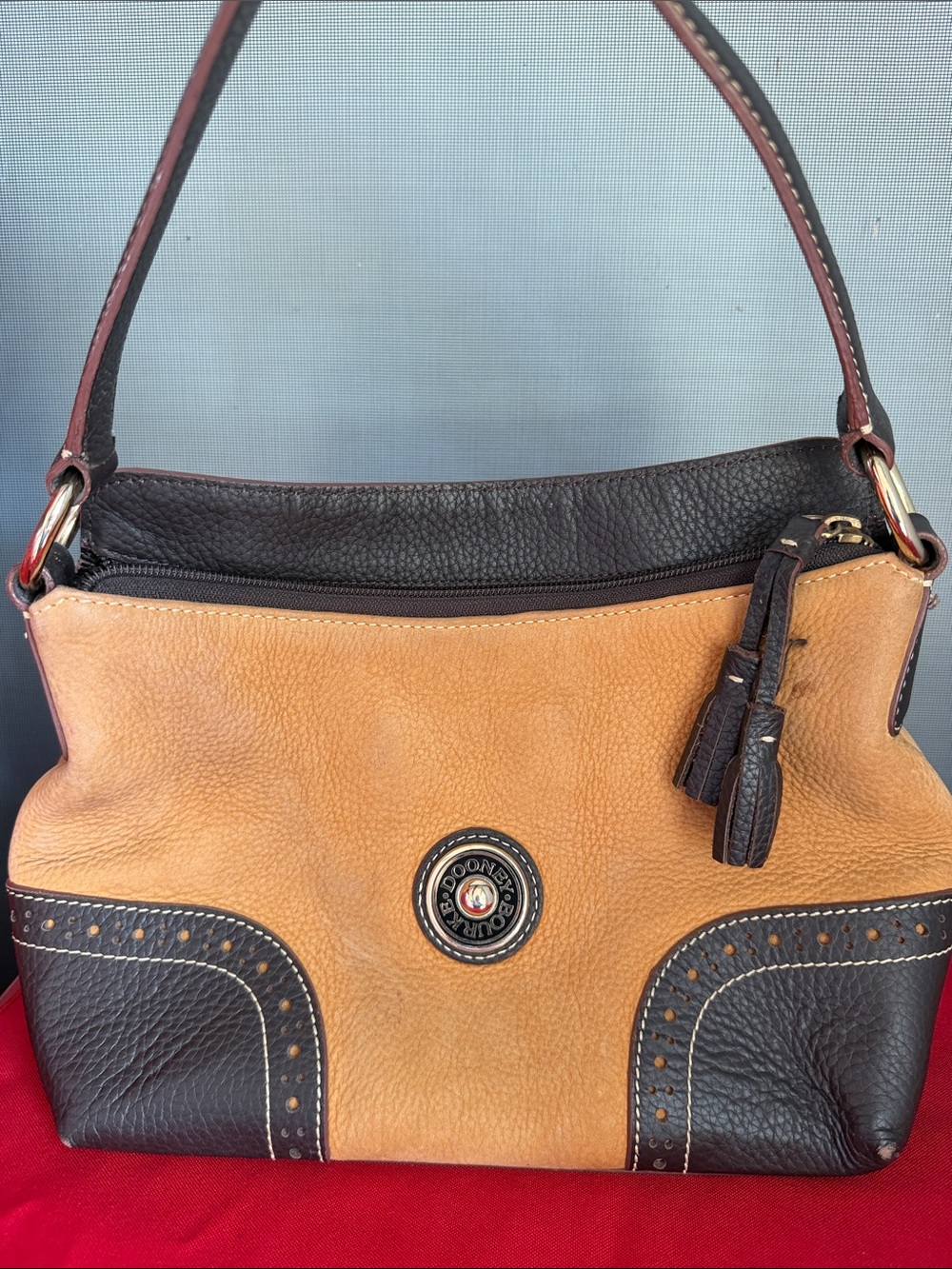 Dooney & Bourke-Inspired Two-Tone Leather Shoulder Bag in Tan and Dark Brown